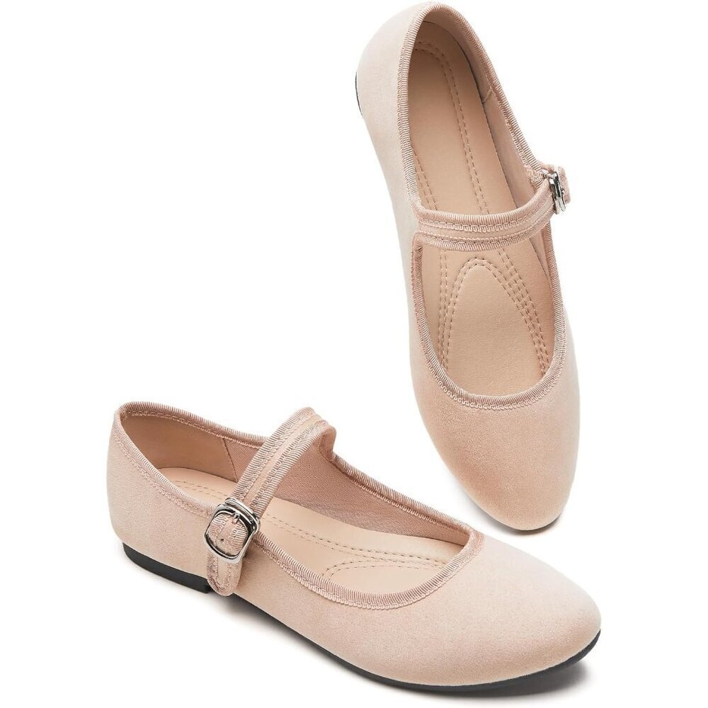 Babudog Womens Nude Faux Suede Rounded Toe Ankle Strap With Buckle Flats